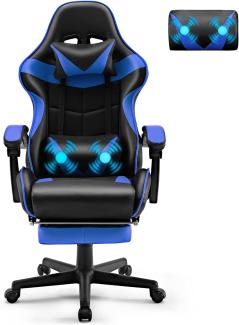 Soontrans Gaming Stuhl Massage, Gaming Sessel mit Fußstütze & Kopfstütze & Massage-Lendenkissen, Gepolsterte Armlehnen, Ergonomisch Gaming Stuhl für Gamer YouTube Livestreaming Xbox (Blau)