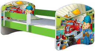 ACMA Kinderbett Jugendbett mit Einer Schublade und Matratze Grün mit Rausfallschutz Lattenrost II 140x70 160x80 180x80 (45 Mechaniker, 140x70)