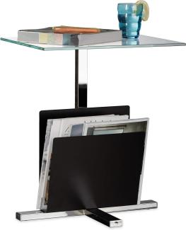 Relaxdays Beistelltisch mit Zeitungsständer, Metall, Glas Couchtisch, Zeitungsablage, HxBxT: 53 x 46 x 36 cm, schwarz