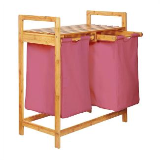 Lumaland Wäschekorb aus Bambus mit 2 ausziehbaren Wäschesäcken - Größe ca. 73 cm Höhe x 64 cm Breite x 33 cm Tiefe - Farbe Rosa