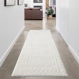 carpet city Teppich Läufer Hochflor Flur - 80x300 cm - Einfarbig Weiß/Creme - Hochtief-Muster/ 3D-Effekt Bordüre - Shaggy Teppiche Wohnzimmer, Schlafzimmer Boho, Scandi