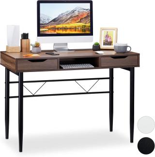 Relaxdays Schreibtisch mit Schubladen und Ablage, modern, Metallgestell, Büroschreibtisch HBT 77x110x55cm, braun-schwarz, PB, 77 x 110 x 55 cm