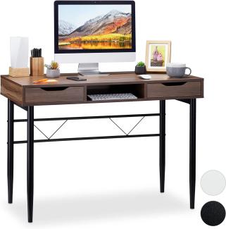 Relaxdays Schreibtisch mit Schubladen und Ablage, modern, Metallgestell, Büroschreibtisch HBT 77x110x55cm, braun-schwarz, PB, 77 x 110 x 55 cm