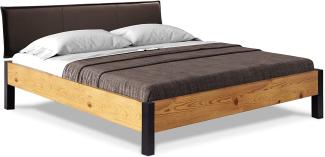 Möbel-Eins CURBY Bett Metallfuß, mit Polsterkopfteil, Material Massivholz, rustikale Altholzoptik, Fichte natur 160 x 200 cm Kunstleder Braun ohne Steppung