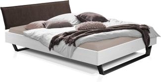 Möbel-Eins LUKY Kufenbett mit Polsterkopfteil, Material Massivholz, Fichte massiv, Kufen schwarz weiss 160 x 200 cm Stoff Braun