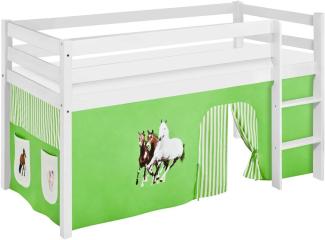 Lilokids 'Jelle' Spielbett 90 x 200 cm, Pferde Grün Beige, Kiefer massiv, mit Vorhang