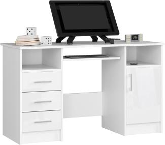 PC-Schreibtisch Ana mit Tastaturablage | Office Desk | Computertisch | Bürotisch | 3 Schubladen, 1 Ablagefach mit Tür, 2 offene Ablagefächer, B124 x H74 x T52 cm, 45 kg | Weiß/Weiß Glänzend