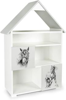 Bücherregal für Kinder - Die Pferde - Kinderregal mit 6 Zwischenwand (Weiß und Grau)