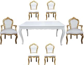 Casa Padrino Barock Esszimmer Set Weiß/Gold - Esstisch + 6 Stühle