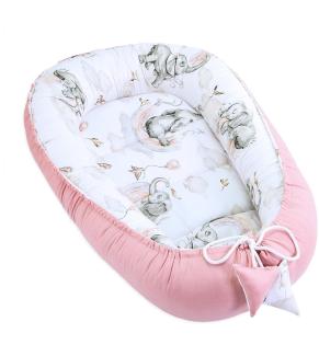 Babynest Kokon Neugeborene 90 x 50 cm - Handmade Kuschelnest Baby Nestchen aus Baumwolle Elefant Schmutziges Rosa