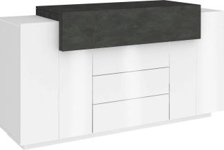 Dmora Modernes Sideboard, Design-Sideboard mit 3 Türen und 3 Schubladen, Made in Italy, TV-Ständer, Wohnzimmerbuffet, 160x45h86 cm, Farbe Weiß glänzend und Aschgrau