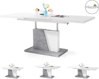 Design Couchtisch Tisch Grand Noir Weiß matt/Beton Betonoptik stufenlos höhenverstellbar ausziehbar 120 bis 180cm Esstisch