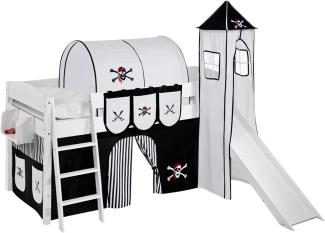 Lilokids 'Ida 4105' Spielbett 90 x 200 cm, Pirat Schwarz Weiß, Kiefer massiv, mit Turm, Rutsche und Vorhang