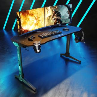 SONNI Gaming Tisch mit LED,140cm großer Oberfläche/PC Tisch/Gaming Desk,2-3 Monitore aufstellbar mit Mausunterlage,Getränkehalterung und Kopfhörerhaken