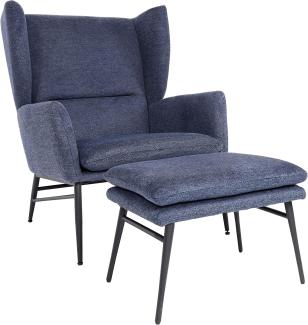 Lounge-Sessel mit Ottomane HWC-L62, Sessel Polstersessel Cocktailsessel Hocker, Stoff/Textil ~ blau