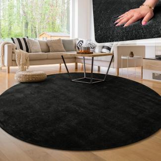 Paco Home Waschbarer Teppich Wohnzimmer Schlafzimmer Kurzflor rutschfest Flauschig Weich Moderne Einfarbige Muster, Grösse:120 cm Rund, Farbe:Schwarz