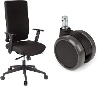 hjh OFFICE 608500 Profi Bürodrehstuhl PRO-TEC 300 Stoff Schwarz Bürosessel ergonomisch, hohe Rückenlehne & 5X Hartbodenrollen 11mm / 65mm Büro-Stuhl-Rollen für Hartböden (5er Pack)