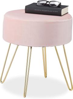 Relaxdays Samthocker, rund, eleganter Polsterhocker, goldene Metallbeine, modern, Sitzhocker Samt, HxD: 40 x 40 cm, rosa