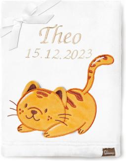 Be Mammy Personalisierte Babydecke mit 3D Applikation Warme Kuscheldecke mit Namen und Geburtsdatum; Perfektes Baby Geschenk; Blanket; Krabbeldecke BE20-280 (Weiß - Katze)