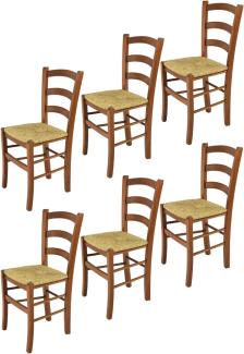 t m c s Tommychairs - 6er Set Stühle Venice für Küche und Esszimmer, robuste Struktur aus lackiertem Buchenholz im Farbton Helles Nussbraun und Sitzfläche aus Stroh