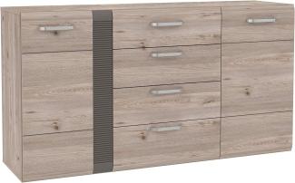 FORTE Locarno Kommode mit 2 Türen und 4 Schubladen, Holzwerkstoff, Nelson Eiche / Grau Matt, 55 x 86,1 x 151,4 cm