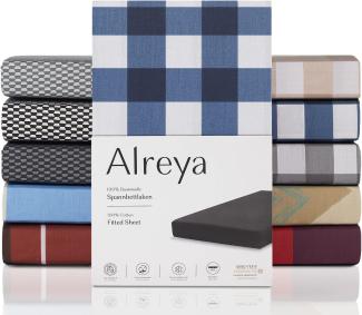 Alreya Renforcé Spannbettlaken 160 x 200 cm - Blau Kariert - 100% Baumwolle - Klassisches Spannbetttuch für Standardmatratzen bis 25cm Matratzenhöhe