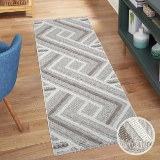 carpet city Teppich-Läufer Kurzflor Flur - Grau, Beige - 80x300 cm - Teppiche Fransen Boho-Style - Geo-Muster - Schlafzimmer, Wohnzimmer