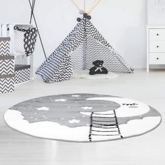 Kinderteppich Bueno Konturenschnitt mit Mond, Wolken, Sterne, in Grau Creme für Kinderzimmer; Größe: 160x160 cm Rund