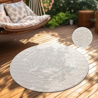 Paco Home Outdoor Teppich Wetterfest Balkon Wohnzimmer Skandinavisches Boho Muster Einfarbig Geometrisch 3D Effekt Moderne Deko, Grösse:120 cm Rund, Farbe:Creme 3