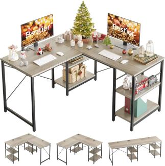 Bestier L-förmiger Schreibtisch mit Regalen Reversibel Eckschreibtisch 220CM Industrieller Langen Tisch Stabil Schreibtisch L Form Computer Workstation mit 3 Kabellöchern