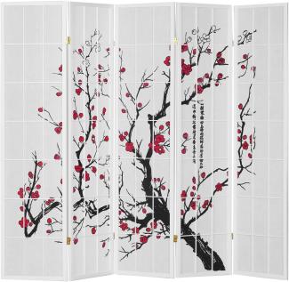 Paravent Raumteiler 5 teilig, Holz Reispapier Weiß, Kirschmuster, Höhe 179 cm