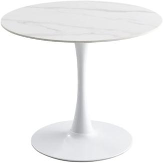 Esstisch INTERLANTA, weiß, 90x90x75 cm, rund, Tischplatte aus Sinterstein, Marmormuster weiß, Säulenfuß aus Metall, breite und stabile Bodenplatte