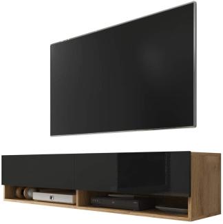 Selsey Wander - TV-Board/Fernsehschrank für Wohnzimmer hängend/stehend, optional mit LED, 140 cm (Holzoptik Wotan Eiche/Schwarz Hochglanz, ohne LED)