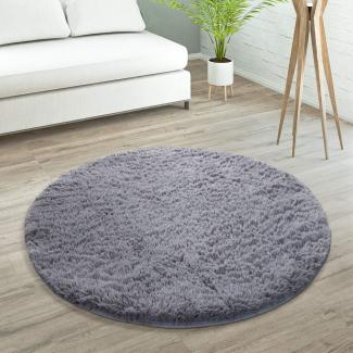 Paco Home Hochflor Teppich Wohnzimmer rutschfest Fellteppich Shaggy Flauschig Weich Modern Kunstfell Fell Imitat Einfarbig, Grösse:200 cm Rund, Farbe:Grau