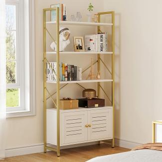 YITAHOME Bücherregal 5 Etagen mit Aufbewahrungsschrank, Bücherregal Weiß mit Türen für Schlafzimmer, Wohnzimmer, Büro, Regal Gold und Weiß und Gold