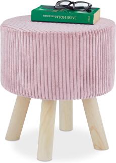 Relaxdays Samthocker, rund, kleiner Fußhocker, gepolstert, 4 Holzbeine, Kordsamt, Sitzhocker, H x D: 41 x 37 cm, rosa