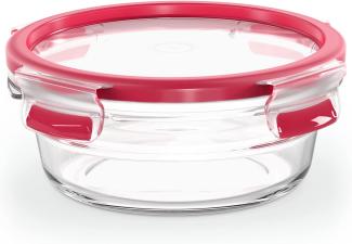 Emsa N10403 Clip & Close Glas Frischhaltedose rund | 0,6 L | stapelbar | gefrierfest | backofenfest | mikrowellenfest | rutschfestes Stapeln | 100% dicht | spülmaschinenfest | Transparent/Rot
