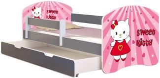 ACMA Kinderbett Jugendbett mit Einer Schublade und Matratze Grau mit Rausfallschutz Lattenrost II (15 Sweet Kitty, 140x70 + Bettkasten)