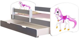 ACMA Kinderbett Jugendbett mit Einer Schublade und Matratze Grau mit Rausfallschutz Lattenrost II (43 Kleines Pferd, 160x80 + Bettkasten)