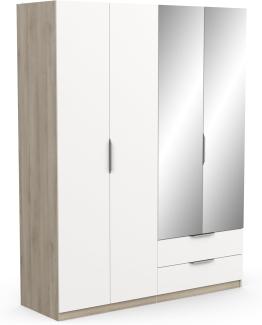 Demeyere Moderner Spiegel & Kleiderschrank, 4 Türen, 5 Einlegeböden, 2 Schubladen, Farbe: Eiche Kronberg & Mattes Weiß, 157,3 x 51,1 x 203 cm, Holzwerkstoff