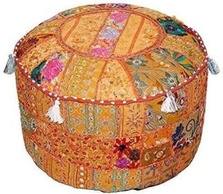 Aakriti Indian Pouf Fußhocker mit Stickerei Pouf, indische Baumwolle, Pouffe osmanischen Pouf Cover mit ethnischem Dekor Kunst - Cover (Orange, 46x33 cms)