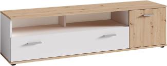byLIVING TV-Board JAKOB / Lowboard matt weiß, Artisan Eichen-Optik braun / Schrank mit 1 Tür und 1 Klappe / offenes Fach für Soundbar / B 150, H 40, T 35,5 cm
