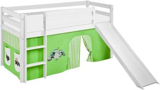 Lilokids 'Jelle' Spielbett 90 x 200 cm, Trecker Grün Beige, Kiefer massiv, mit Rutsche und Vorhang