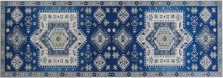 Teppich blau beige orientalisches Muster 80 x 200 cm Kurzflor PARVAKADLI