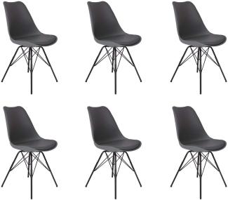 SAM 6er Set Schalenstuhl Lerche, grau, integriertes Kunstleder-Sitzkissen, Schwarze Metallfüße, Esszimmerstuhl im skandinavischen Stil
