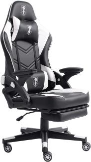 Gaming Stuhl im modernen Racing-Design mit ausziehbarer Fußstütze Gaming Chair mit verstellbaren Design Armlehnen ergonomischer Schreibtischstuhl mit extra Stützkissen Schwarz/Weiß