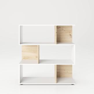 Shelfy - Bücherregal, Büroregal, Raumteiler mit 6 Fächern, asymmetrische Aufteilung: weiss / artisan eiche