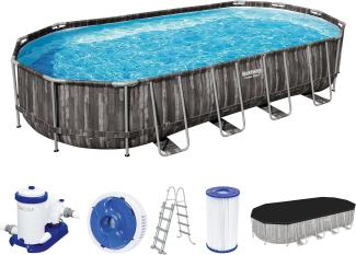 Power Steel™ Frame Pool Komplett-Set mit Filterpumpe 732 x 366 x 122 cm , Holz-Optik (Mooreiche), oval