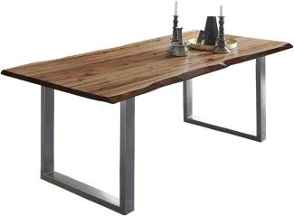 SAM Baumkantentisch 180x90 cm Mephisto, Akazienholz massiv + nussbaumfarben lackiert, Esstisch mit Silber lackiertem U-Gestell, Esszimmertisch/Holztisch im Industrial-Design, Tischplatte 26 mm