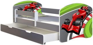 ACMA Kinderbett Jugendbett mit Einer Schublade und Matratze Grau mit Rausfallschutz Lattenrost II (06 Formel 1, 140x70 + Bettkasten)